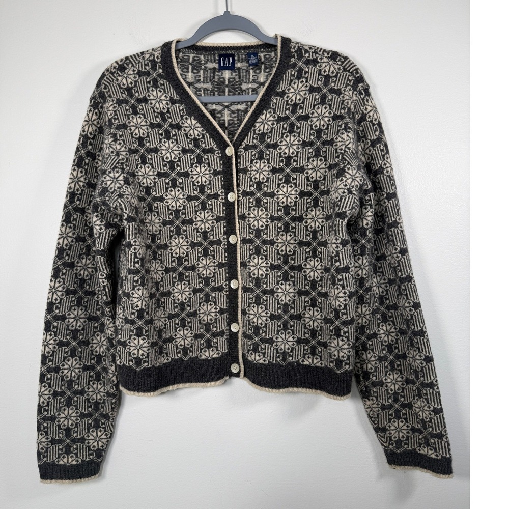 Lambswool Blend Fair Isle Cardigan Womens M Gray Gap Boxy Modest Preppy EUC